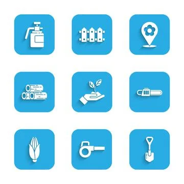 Set Plant in hand of environmental, Leaf garden blower, Shovel, Chainsaw, Corn Stock Illustration