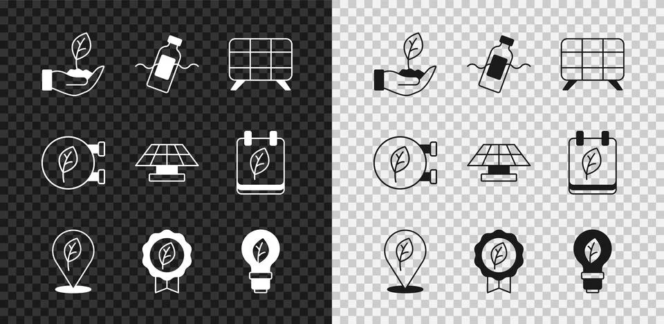 Set Plant in hand, The problem of pollution, Solar energy panel, Location with Stock Illustration