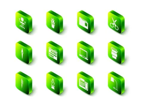 Set Plant in pot, Document folder, Scissors, Coffee cup to go, Table lamp Illustrazione stock