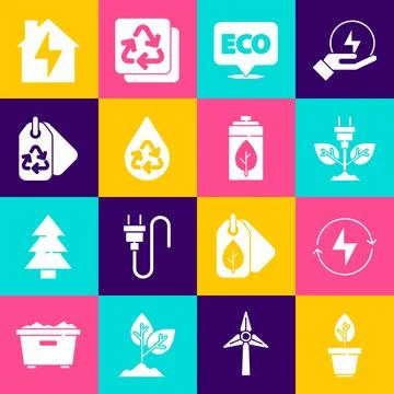 Set Plant in pot, Lightning bolt, Electric saving plug leaf, Label for eco Illustrazione stock