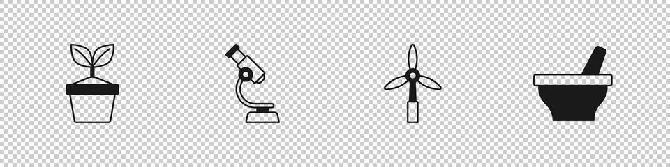 Set Plant in pot, Microscope, Wind turbine and Mortar and pestle icon. Vector Illustrazione stock