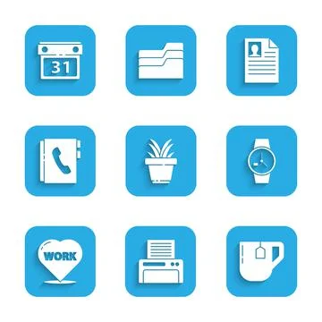 Set Plant in pot, Printer, Cup of tea with tea bag, Wrist watch, Heart text w Stock Illustration