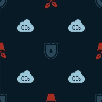 Set Plant in pot, Shield with leaf and CO2 emissions cloud on seamless pattern Stock Illustration