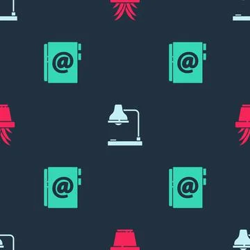 Set Plant in pot, Table lamp and Address book on seamless pattern. Vector Illustrazione stock