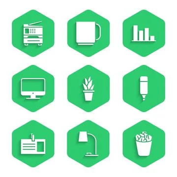 Set Plant in pot, Table lamp, Full trash can, Marker pen, Identification badg 库存插图
