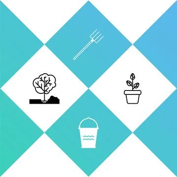 Set Planting tree in the ground, Bucket, Garden pitchfork and Flowers pot icon Illustration