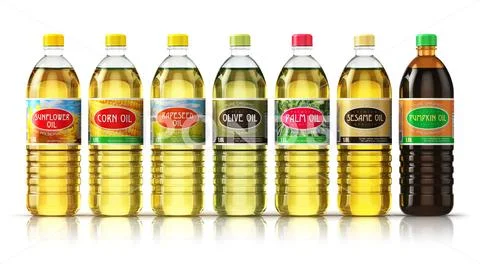 Set of plasic bottles with vegetable cooking oils Stock Photos