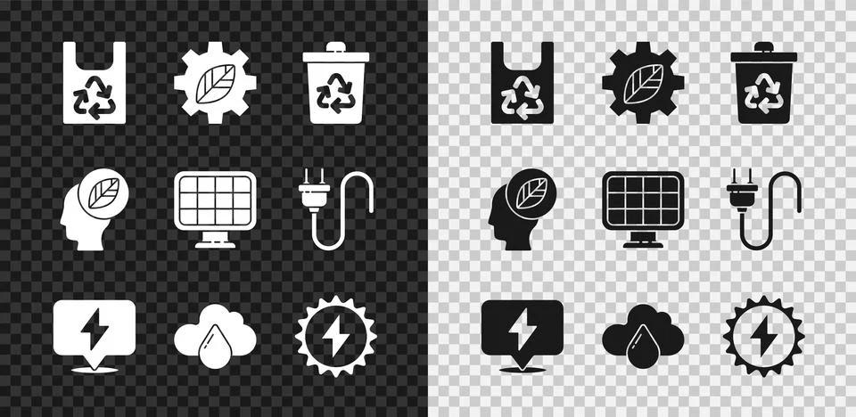 Set Plastic bag with recycle, Leaf plant in gear machine, Recycle bin, Lightning Stock Illustration