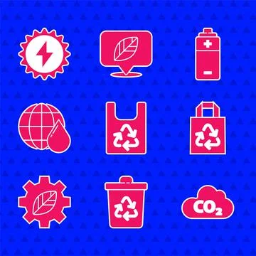 Set Plastic bag with recycle, Recycle bin, CO2 emissions cloud, Paper, Leaf Stock Illustration