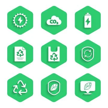 Set Plastic bag with recycle, Shield leaf, Location, Recycle symbol inside Stock Illustration