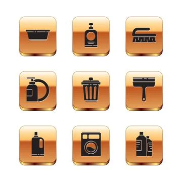 Set Plastic basin, Fabric softener, Washer, Trash can, Dishwashing liquid bottle Ilustración de archivo