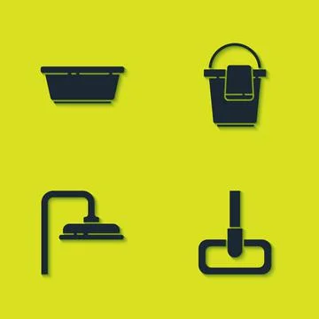 Set Plastic basin, Mop, Shower head and Bucket with rag icon. Vector Stock-Illustration