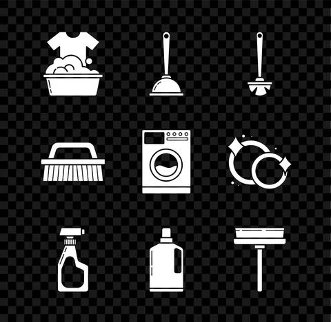 Set Plastic basin with soap suds, Toilet plunger, brush, Cleaning spray bottle Illustrazione stock