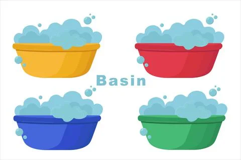 Set of plastic basin with soap suds. Bowl with water. Washing clothes, cleani Stock Illustration