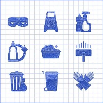 Set Plastic basin with soap suds, Trash can, Rubber gloves, Vacuum cleaner, and Stock Illustration