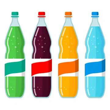 Set of plastic bottles with lemonade. Flat illustration vector. Stock Illustration