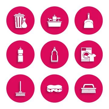 Set Plastic bottles for liquid dishwashing liquid, Sponge, Brush cleaning Stock Illustration