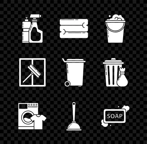 Set Plastic bottles for liquid dishwashing liquid, Towel stack, Bucket with foam 스톡 일러스트