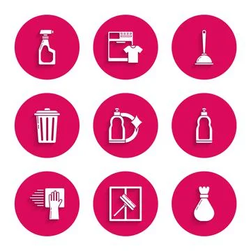 Set Plastic bottles for liquid dishwashing liquid Squeegee scraper wiper Garb Stock Illustration