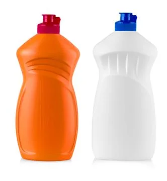 Set of plastic bottles with liquid laundry detergent, cleaning agent, bleach or Stock Photos