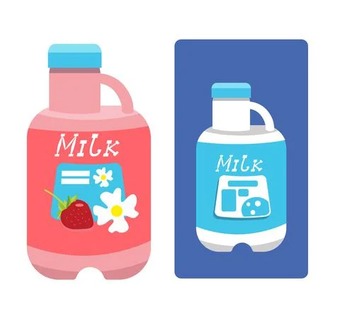 Set of plastic bottles with strawberry flavored milk. Item in flat cartoon style Illustration