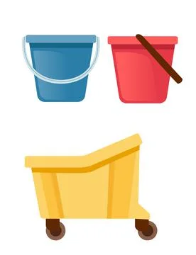 Set of plastic buckets for cleaning housework equipment flat vector illustration Stock Illustration