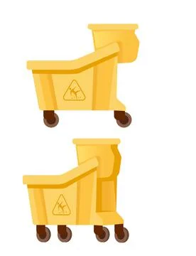 Set of plastic buckets on wheel for cleaning professional equipment flat vector Stock Illustration