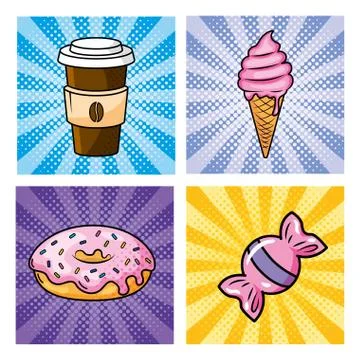 Set of plastic coffee with ice cream and donut with sweet candy Stock Illustration