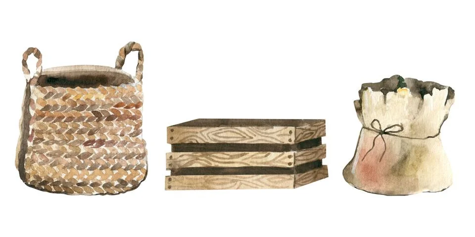 Set of plastic containers, empty baskets for storing laundry and various things Stock Illustration