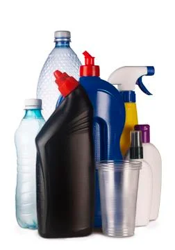 Set of plastic containers isolated on white background, ready for recycle Foto stock