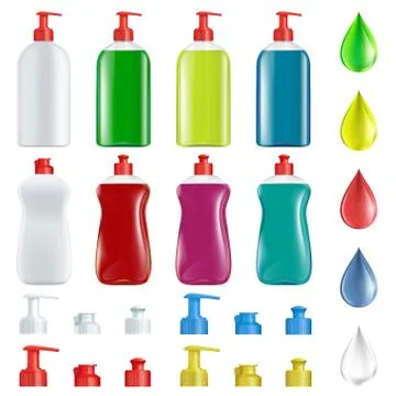 Set of plastic containers with soap for washing dishes. 스톡 일러스트