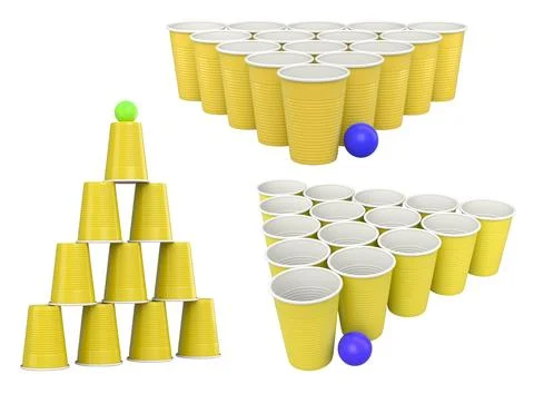 Set of plastic cups and colorful ping pong balls isolated on white backgrou.. Stock Illustration