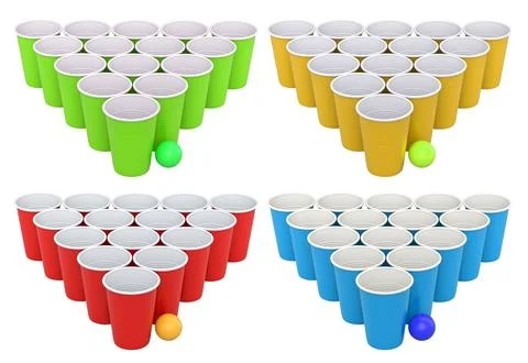Set of plastic cups and colorful ping pong balls isolated on white backgrou.. Stock Illustration