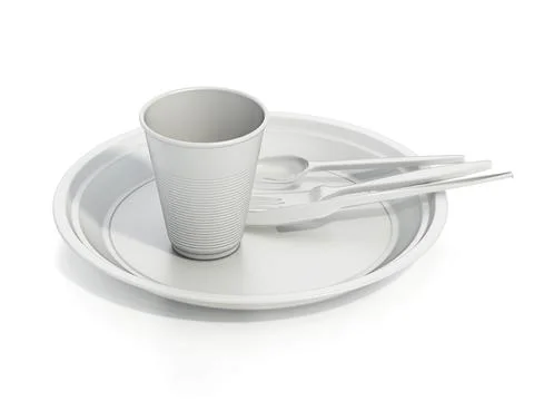 Set of plastic dishware isolated on white background. 3D illustration Stock Illustration