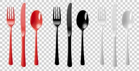 Set of plastic disposable red black white spoon fork knife on transparent PNG Stock Illustration