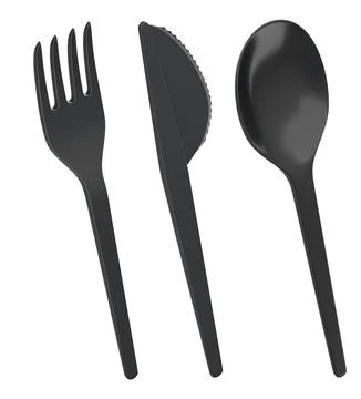 Set of plastic fork, knife, and spoon isolated on white background, representing Stock Illustration