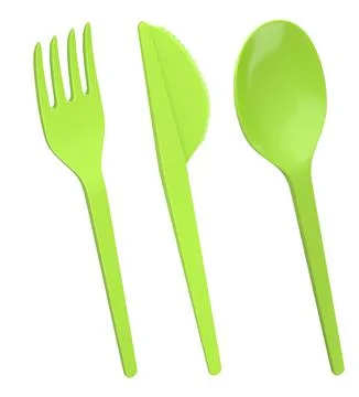 Set of plastic fork, knife, and spoon isolated on white background, represent Stock Illustration