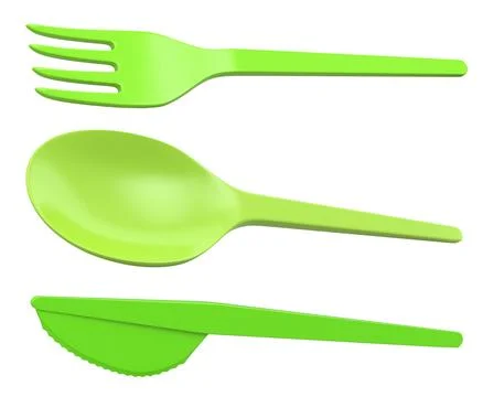 Set of plastic fork, knife, and spoon isolated on white background, representing Stock Illustration
