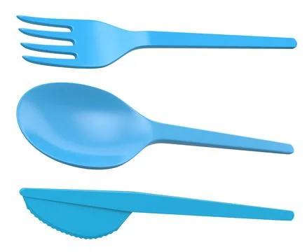 Set of plastic fork, knife, and spoon isolated on white background, represent Stock Illustration