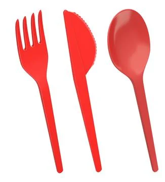 Set of plastic fork, knife, and spoon isolated on white background, represent Stock Illustration