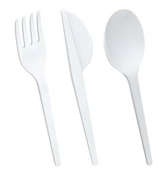Set of plastic fork, knife, and spoon isolated on white background, represent Stock Photos