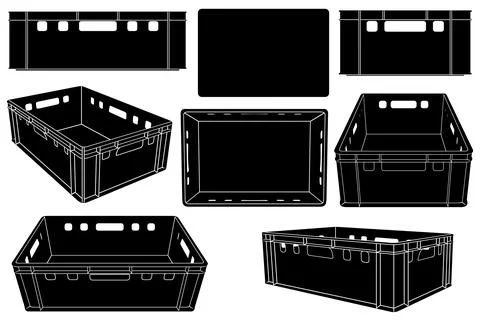 Set of plastic fruit and vegetables crates in different positions Stock Illustration