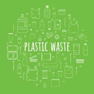 Set of plastic garbage in circle. Sorting garbage. Stock Illustration