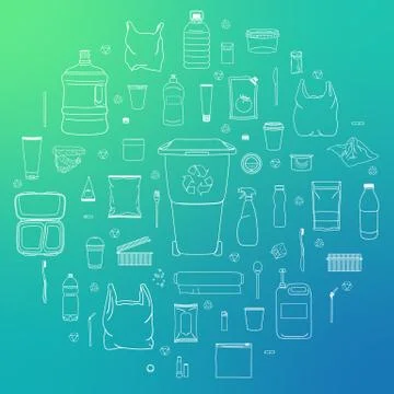 Set of plastic garbage with plastic can Stock Illustration