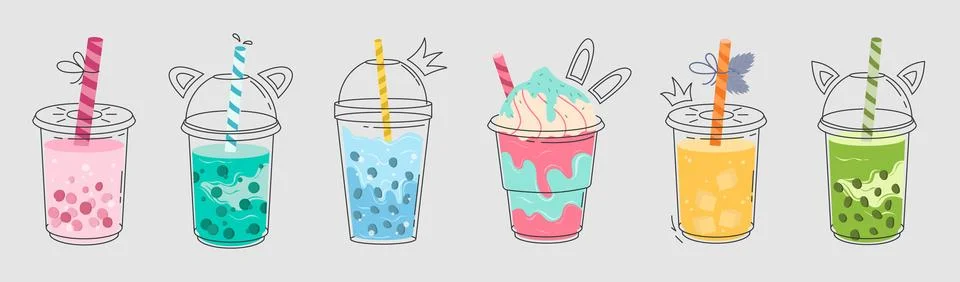 Set of plastic glasses with Taiwanese bubble. Stock Illustration