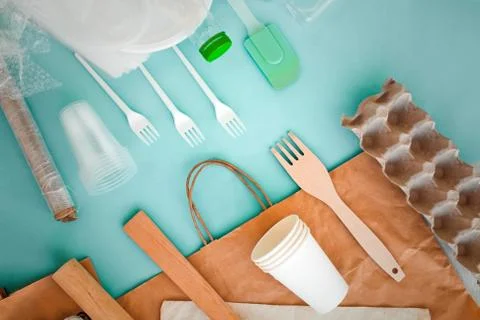 Set of plastic items and replacing them with eco wooden tableware  and paper Stock Photos