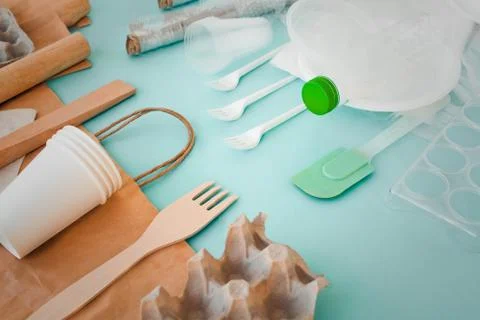 Set of plastic items and replacing them with eco  tableware wooden and paper Stock Photos