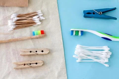 Set of plastic items and replacing them with eco wooden tableware and paper.. Stock Photos