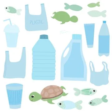 Set of plastic objects and marine creatures isolated on white background, vector Illustrazione stock