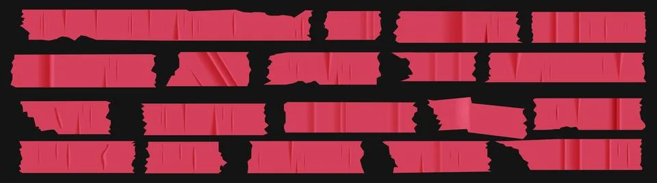 A set of plastic red pieces of torn scotch tape. Trendy elements for designs Illustrazione stock